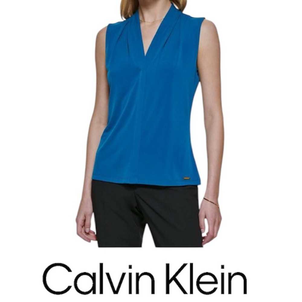 Calvin Klein Women's Gathered V Neck Sleeveless Top Blue Size XS